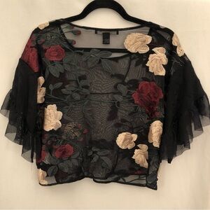 Forever 21 Contemporary Floral Embroidered Sheer Crop Top Short Sleeve Small